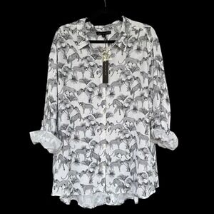 Jane + Delancey Shirt Womens 2X White Black Leopard Palm Print Button Front